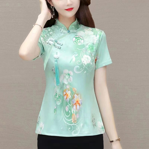 新款夏季时尚中国风改良旗袍女中式复古唐装盘扣修身显瘦短袖上衣