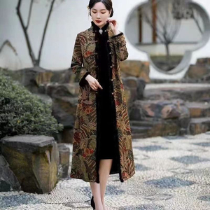 新款加绒加厚中国风保暖改良旗袍外套女秋冬季民族风中年妈妈大衣