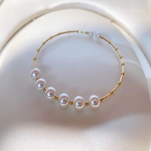 18k金日本海水akoya珍珠花珠小灯泡珠光6-7mm手链手镯手圈