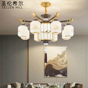 新中式风扇吊灯中国风简约现代餐厅大气卧室灯家用客厅灯笼子吊灯