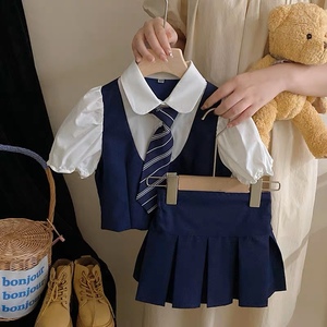 韩国女童学院风套装夏季儿童假两件短袖上衣洋气jk百褶裙两件套裙