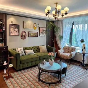美式复古麂皮绒布艺沙发法式客厅小户型拉扣直排三人欧式乡村风格