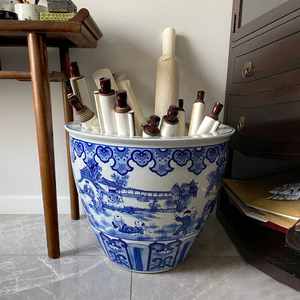 景德镇陶瓷仿古青花书画筒收纳字画缸卷轴缸书房摆件落地造景缸