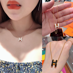 hermes爱马仕项链女h字母珐琅pop吊坠奶茶色锁骨链男玫瑰金mini