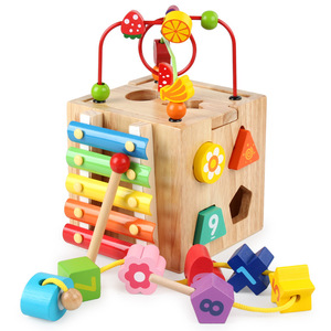 优质实木制绕珠串珠多功能四面百宝箱智力盒早教益智儿童玩具