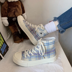 star匡威高帮帆布鞋女学生高腰灰白浅色格子日系jk女生经典板鞋