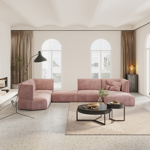 北欧轻奢现代丝绒藕粉色丝绒布意式风格设计师高靠背模块组合沙发