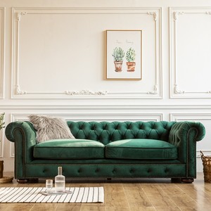 美式复古民宿拉扣墨绿色三人沙发简欧田园小户型客厅丝绒直排沙发