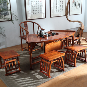 中式仿古家具实木南榆木扇形茶台明清古典茶桌椅组合功夫茶桌茶几