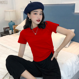 网红色t恤女ins超火短袖修身纯棉夏装不对称下摆开叉高腰短款上衣