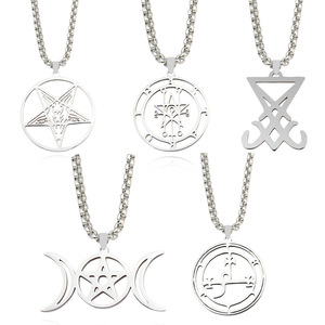 不锈钢所罗门图案路西法封印五星芒造型项链个性男士颈链毛衣链