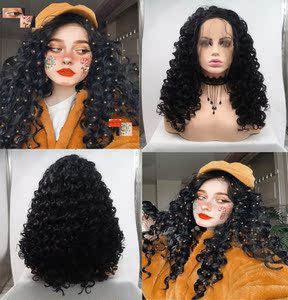 外贸非洲黑人小卷泡面头手钩前蕾丝黑色嘻哈蓬松卷发假发女头套