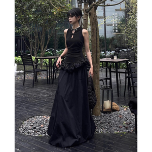 新中式旗袍无袖挂脖连衣裙女夏季黑色蓬蓬裙高级感气质修身长裙子