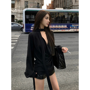 法式黑色飘带荡领长袖衬衫女夏季穿搭设计感小众气质性感辣妹上衣