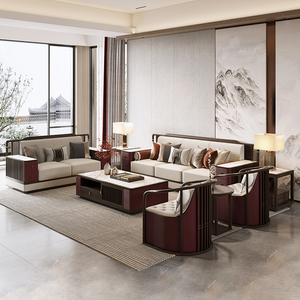 新中式乌金木全实木高档沙发组合现代别墅大户型轻奢真皮定制家具