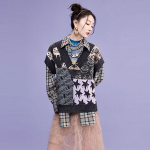 恩诚地素2021春新款周冬雨同款卡通v领针织马甲外穿背心女3d1e201