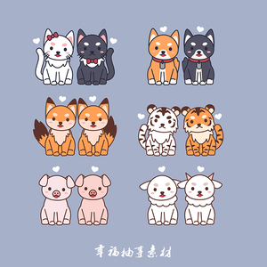 可爱卡通小动物猫狗猪老虎羊狐狸儿童插画生日宴kt板印刷设计素材