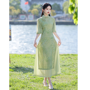 绿色奥黛旗袍2024新款高端高贵改良年轻款少女新中式日常可穿夏季