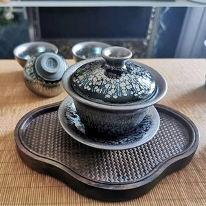建窑建盏三才盖碗油滴家用盖碗原矿釉建阳水吉正宗建盏茶具套装杯
