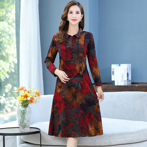 今年新款长袖连衣裙女中长款印花有领子中年妈妈春秋显瘦洋气裙子