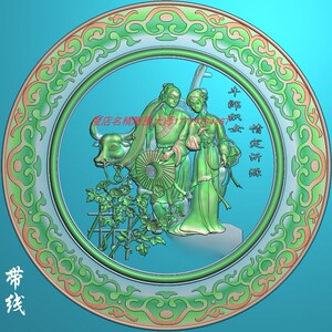 圆形牛郎织女盘子摆件挂屏圆盘精雕图玉雕浮雕石雕灰度图