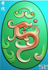 玉雕椭圆形仿古草龙圆盘挂件吊坠龙牌精雕图浮雕灰度图雕刻图