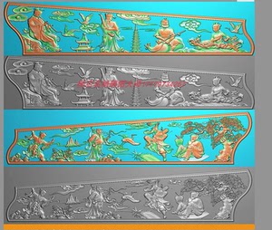 八仙棺材侧板寿材精雕图八仙过海棺材浮雕图灰度图雕刻图石雕图