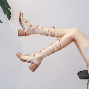 绑带凉鞋女夏季罗马交叉系带粗跟透明性感绕腿脚环高跟小众设计感