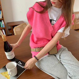 韩国东大门少女心显白玫红色针织马甲玫粉色桃粉色毛衣背心坎肩