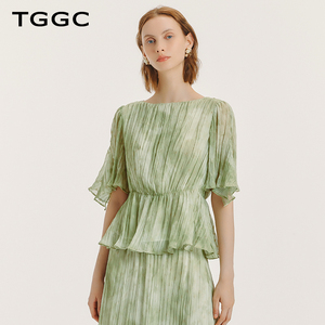 TGGC/台绣短袖女t恤2024夏季新款一字领收腰显瘦洋气套头简洁上衣