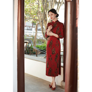 织布鸟蔓楼兰陶玉梅龙笛女士改良旗袍秋冬长袖气质奥绒修身长款