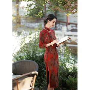 昊腾吉祥斋织布鸟蔓楼兰女士旗袍秋冬奥绒长款气质修身改良连衣裙