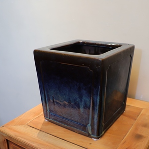 日月堂 晚清方形钧釉画缸 蓝色缸水缸字画缸古董古玩案头收藏摆件