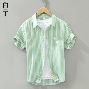 夏季纯棉衬衫短袖男日系垂感竖条纹休闲衬衣白色内搭打底外套寸衫