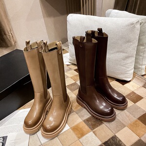 bv靴子真皮长筒靴女骑士靴不过膝厚底棕色长靴秋冬季mm6高筒马靴