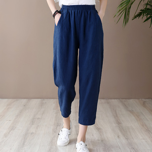棉麻裤子松紧腰女裤麻料亚麻苎麻宽松大码九分夏季薄款休闲哈伦裤
