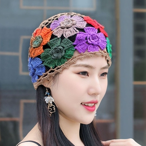 中国民族风刺绣花棉线针织包头帽编织帽镂空时尚百搭透气帽子休闲