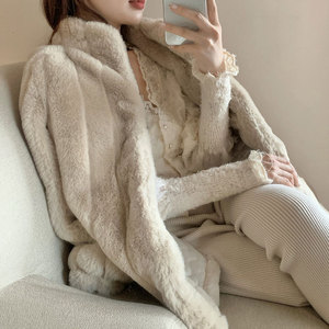 2021秋冬仿兔毛皮草女中长款毛绒衣服宽松羊羔毛大衣立领毛毛外套