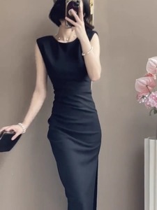 韩版2024夏OL风格高级感无袖连衣裙女时尚法式包臀中长直筒裙欧货