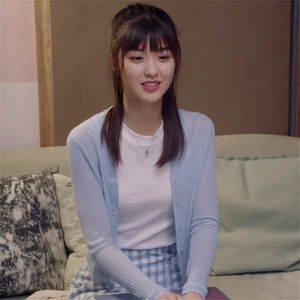 终于轮到我恋爱了苏颜兮林昕宜同款蓝色短款针织开衫韩版简约女潮