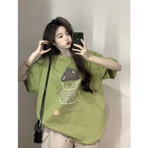 YUKI小树家 学院风可爱趣味蘑菇熊印花纯棉短袖绿色T恤女宽松半袖
