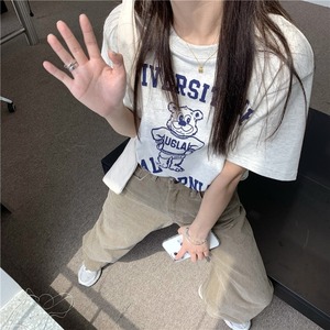 YUKI小树家美式学院卡通TEE~ins韩版时尚宽松小熊短袖白灰色T恤女
