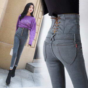 超高腰牛仔裤女遮肚脐长裤显瘦显高收腹弹力小脚时尚外穿裤子显高
