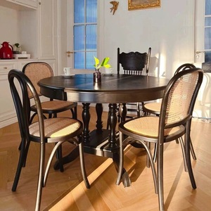 法式复古圆形实木餐桌欧式客厅家用小户型饭桌中古风黑色橡木圆桌