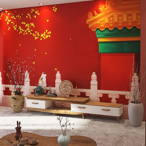 中式古典建筑故宫红墙纸网红自拍馆火锅店剧本杀主题壁纸餐厅壁画