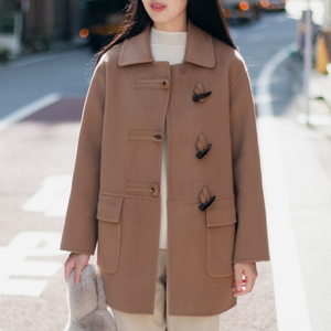 梨子叶牛角扣大衣女中长款2021新款秋冬小个子双面绒羊毛毛呢外套