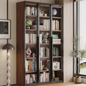 新中式实木书柜落地带玻璃门家用书橱现代简约储物柜客厅展示柜