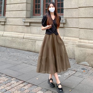 咖色网纱半身裙女宽松高腰显瘦a字欧根纱中长款蓬蓬伞裙长裙子夏