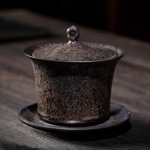 日式大号盖碗茶杯单个泡茶碗铁锈釉三才碗手工陶瓷茶具复古敬茶碗