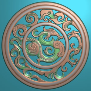 圆形精雕图灰度浮雕图 草龙草凤挂件墙花门花石雕木雕图yxfd30